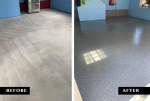 Epoxy flake decorative concrete coating on garage floor