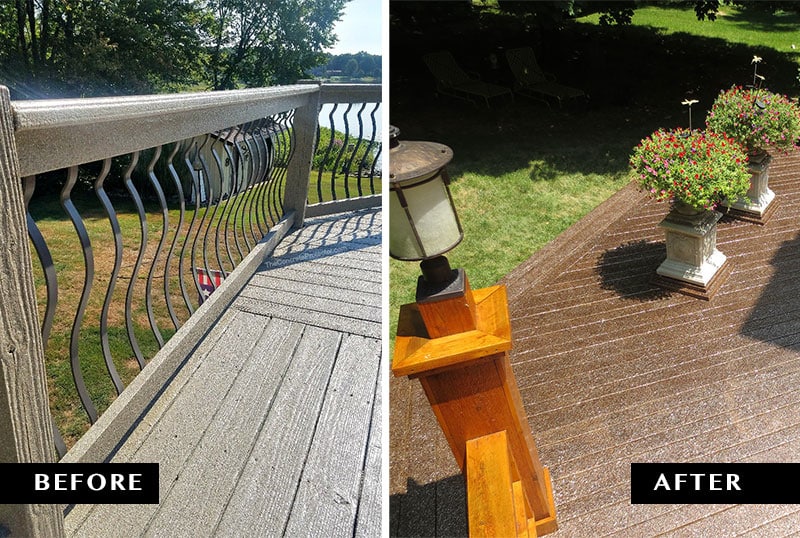 before and after photos of wood decking with Graniflex applied