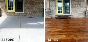Before and after concrete wood concrete coatings on residential rear patio