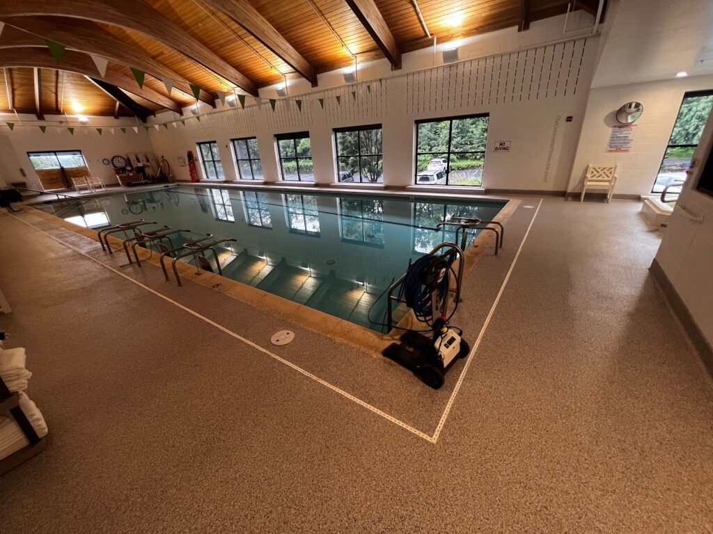 Example of a finished flake epoxy concrete floor coating in Beaverton, OR
