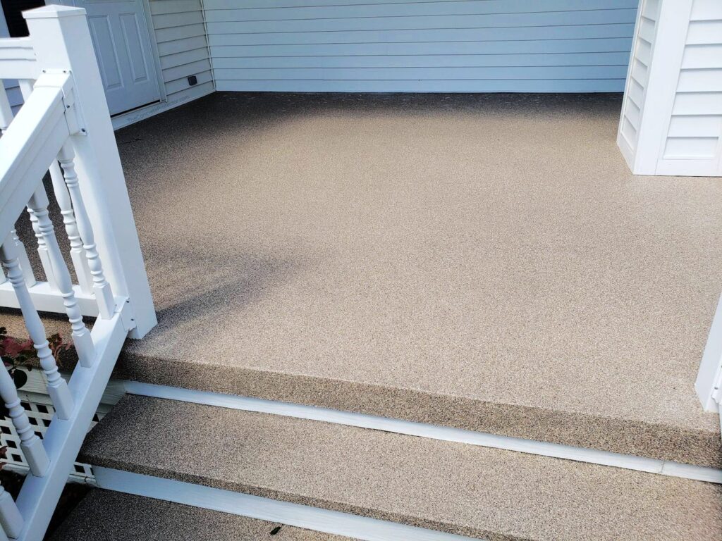 Example of a finished flake epoxy concrete floor coating in Bellevue, WA