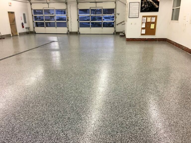 Example of a finished flake epoxy concrete floor coating in Albany, NY – Capital Region Epoxy Coating