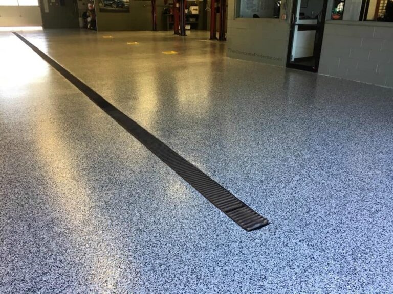 Example of a finished flake epoxy concrete floor coating in Roswell, GA – Castle Epoxy Flooring