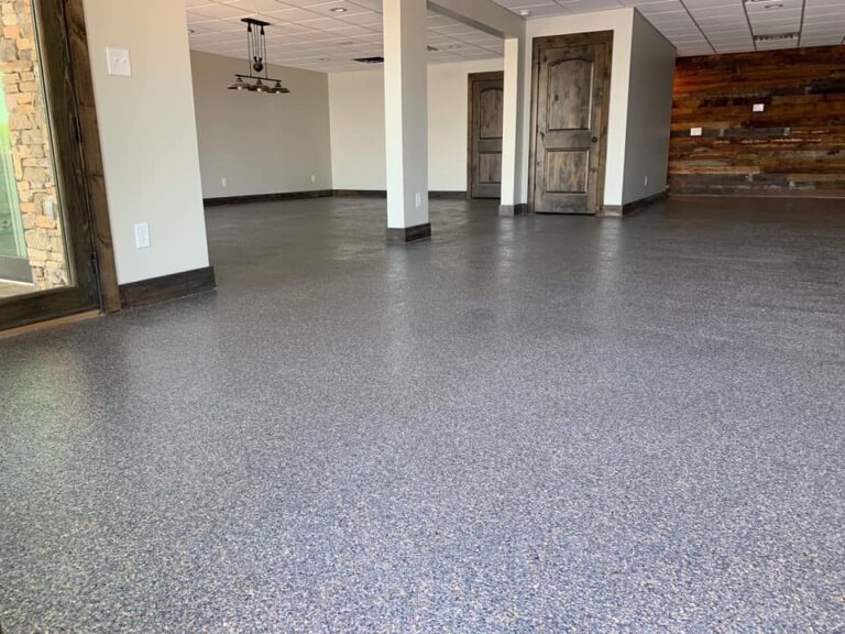 Example of a finished flake epoxy concrete floor coating in Philadelphia, PA – Bull Custom Coatings