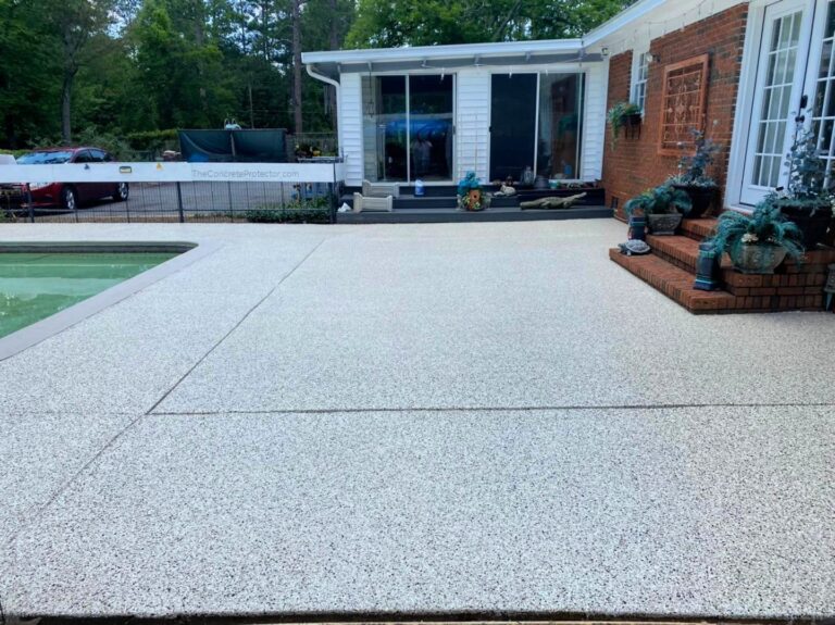 Example of a finished flake epoxy concrete floor coating in Marietta, GA – Certified Polish and Coating, LLC