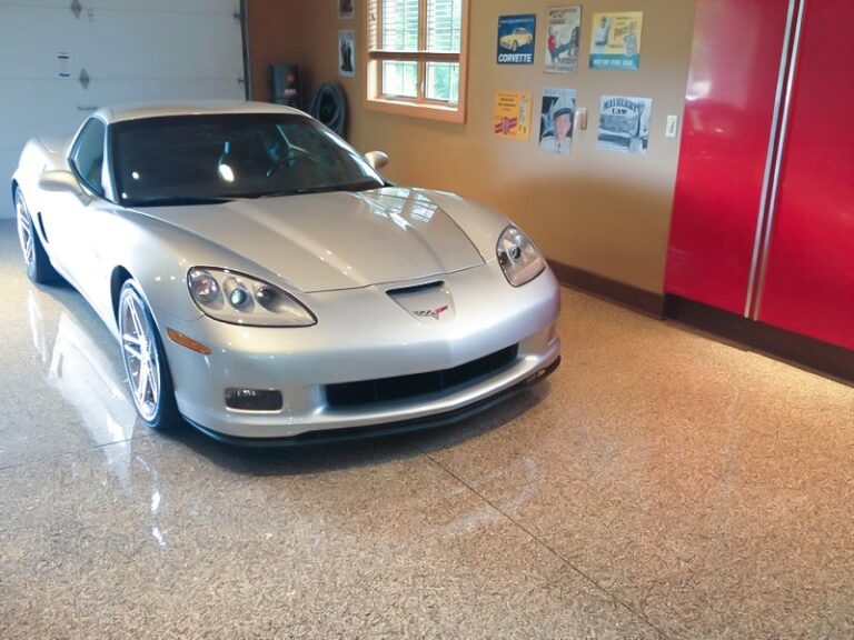 Example of a finished flake epoxy concrete floor coating, Bryan, TX