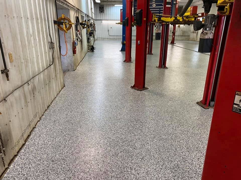 Example of a finished flake epoxy concrete floor coating in Allentown, PA