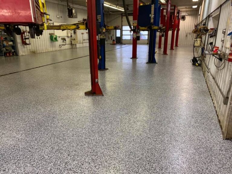 Example of a finished flake epoxy concrete floor coating in Raleigh, NC – Summit Industrial Flooring