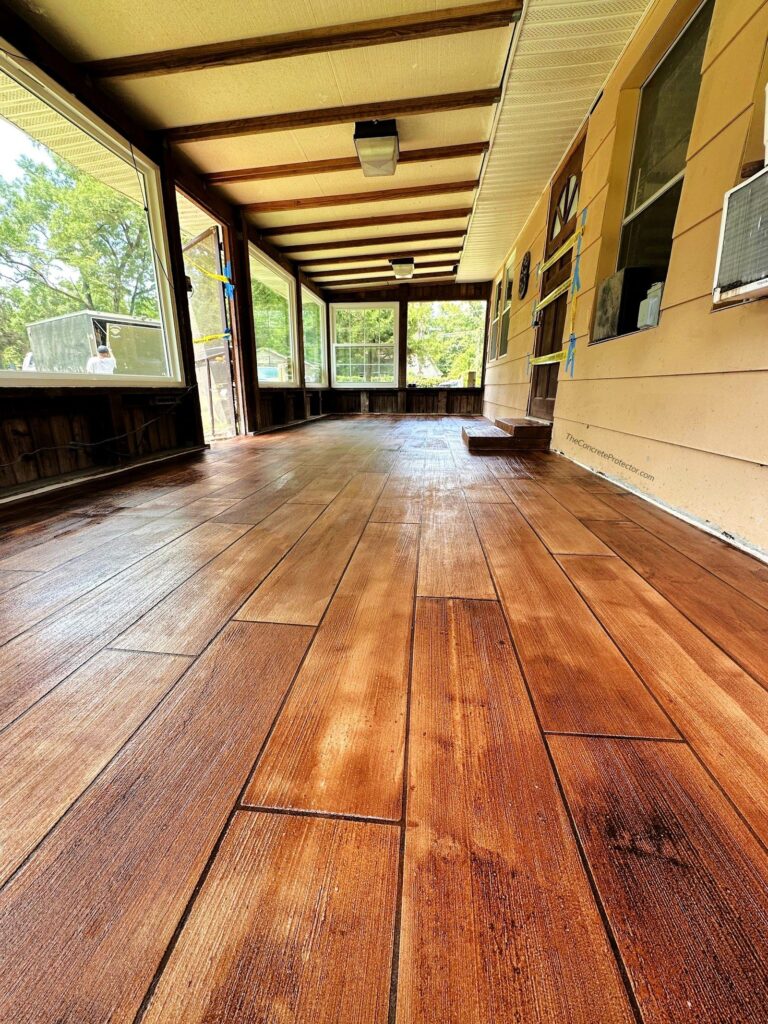 Example of a finished wood-look decorative concrete floor in Denver, CO – GarageExperts of Front Range Denver