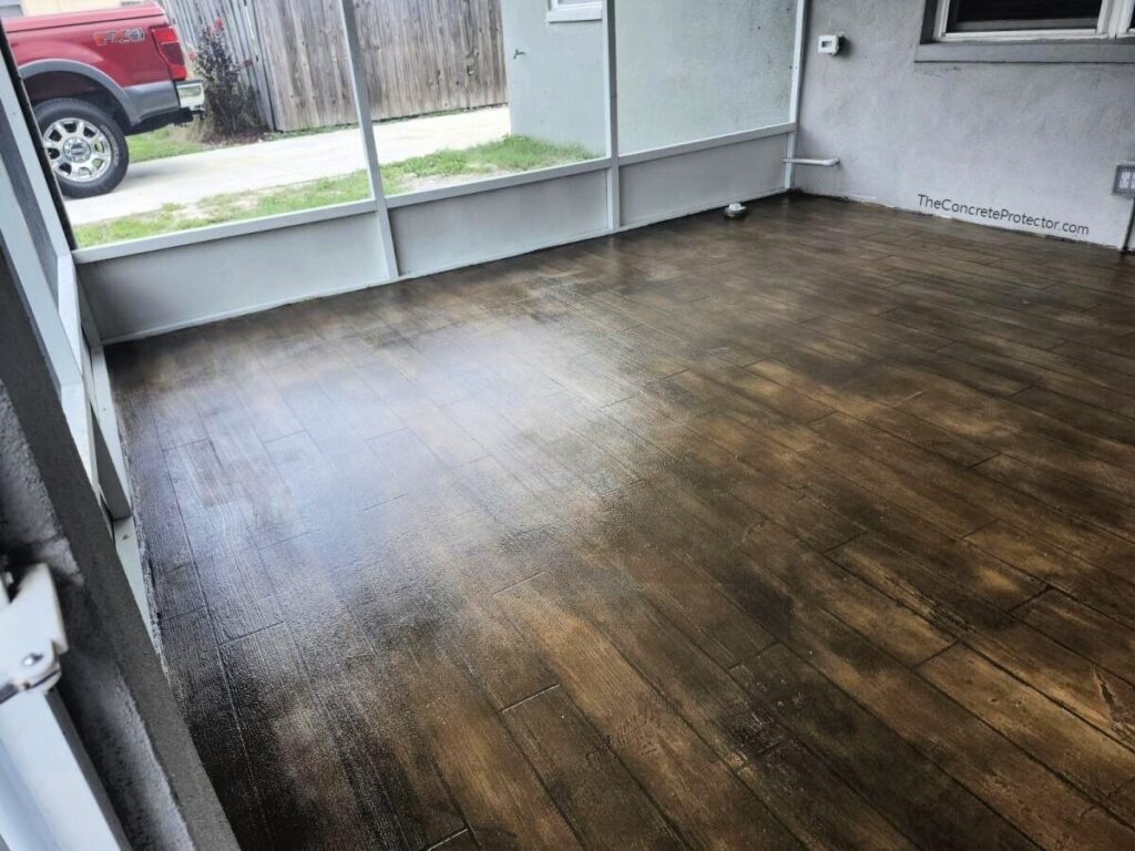 Example of a finished wood-look decorative concrete floor in Livingston, WI