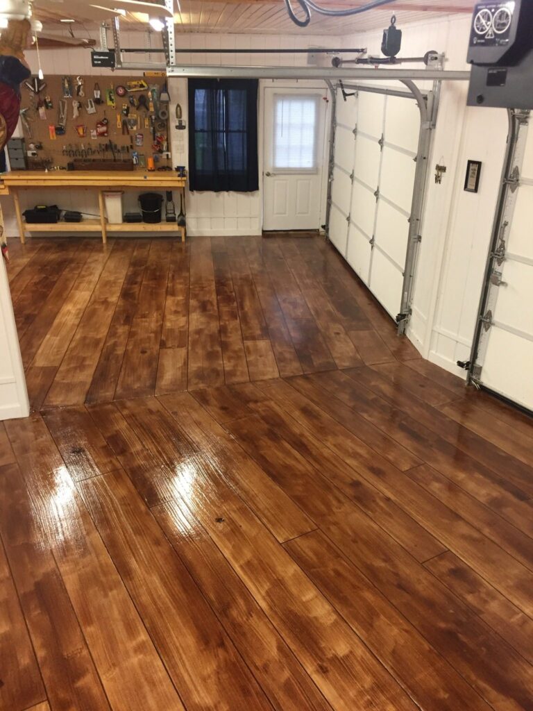 Example of a finished wood-look decorative concrete floor in Parkersburg, WV – Epoxy Armor LLC