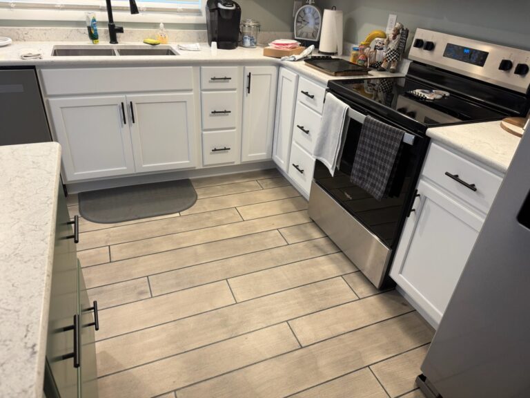 Example of a finished wood-look decorative concrete floor in Newark, DE – Custom Coatings and Designs LLC