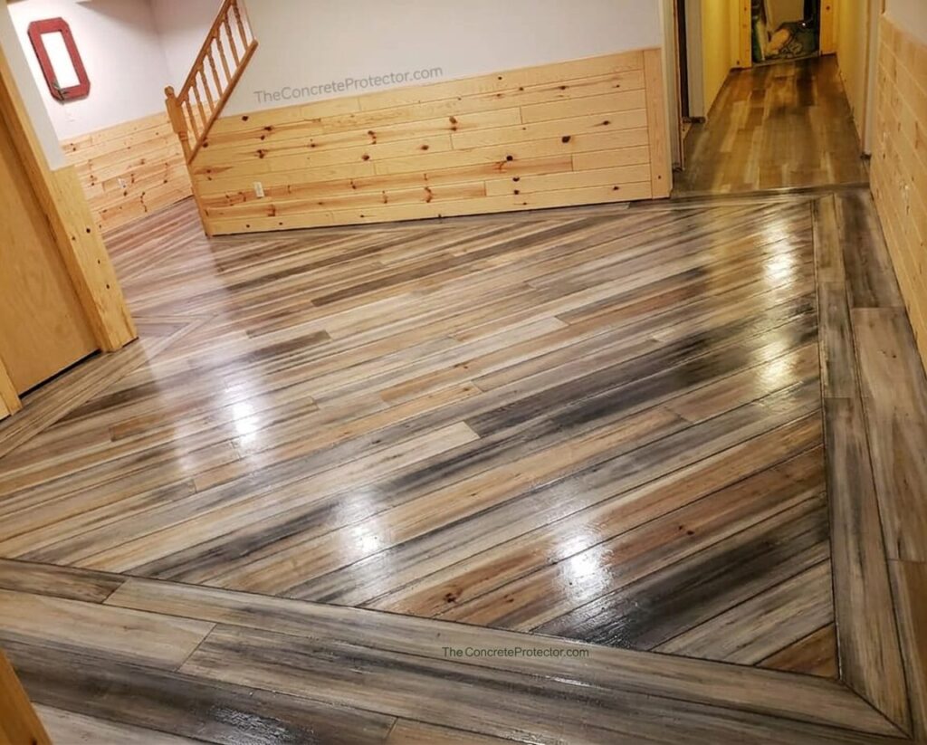 Example of a finished wood-look decorative concrete floor in Argyle, WI