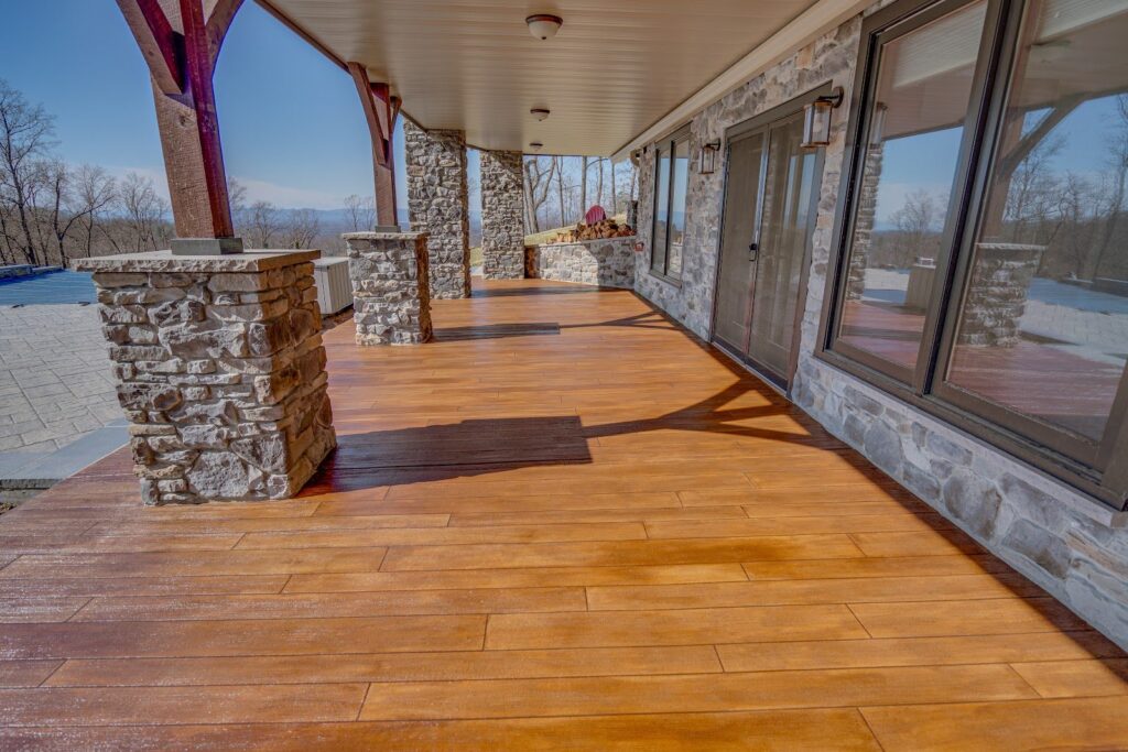 Example of a finished wood-look decorative concrete floor in Shelby Township, MI