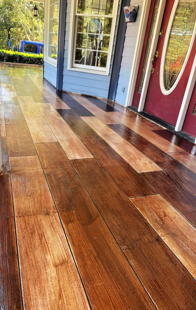 Example of a finished wood-look decorative concrete floor in Tinley Park, IL