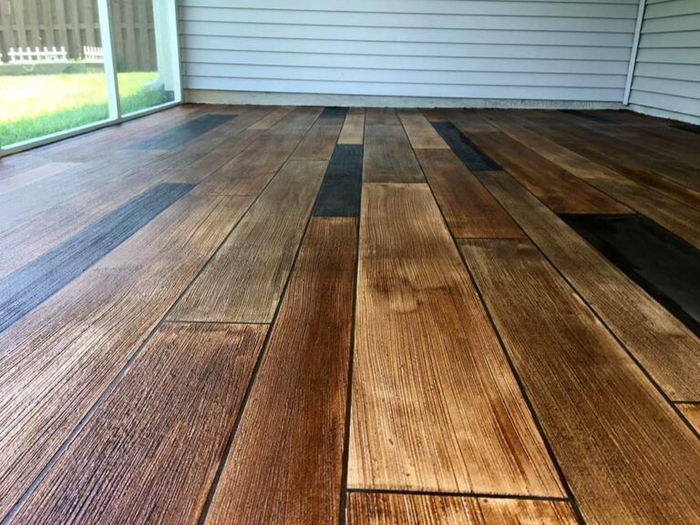 Example of a finished wood-look decorative concrete floor in Warwick, RI – Thomas Coatings, LLC