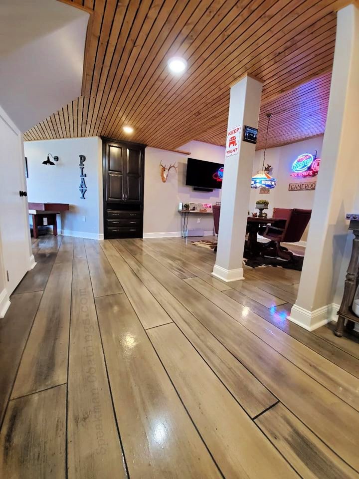 Example of a finished wood-look decorative concrete floor in Ariel, WA – Armortech Resurfacing, Inc.