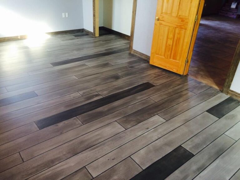 Example of a finished wood-look decorative concrete floor in Roanoke, VA – Designed Concrete Surfaces LLC