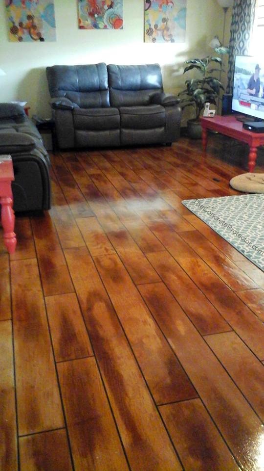 Example of a finished wood-look decorative concrete floor in Scarborough, ME – Portland Industrial Coatings