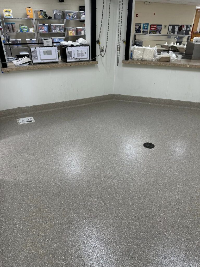 Epoxy flake floor at Union Rescue Mission in Martinsburg, WV by Tailored Concrete Coatings in Boyce, VA